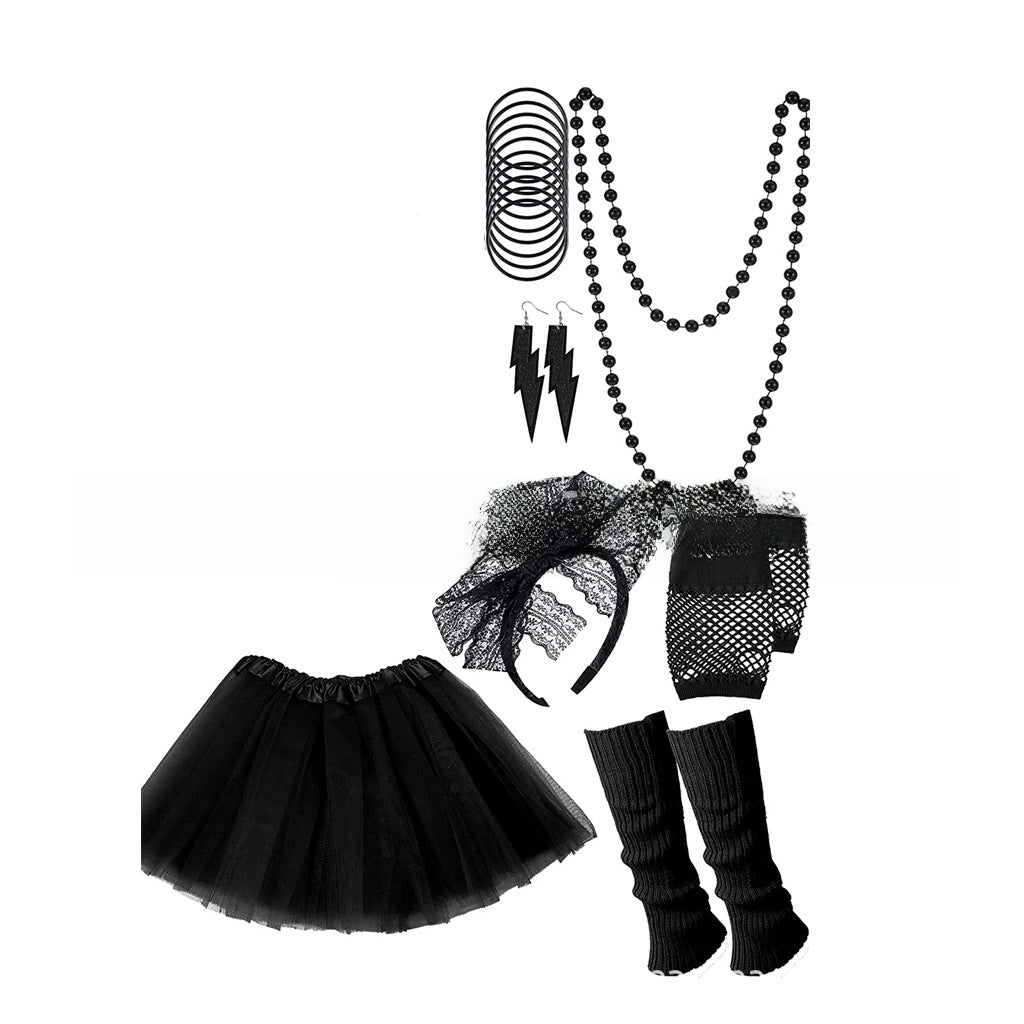 Wholesale 80s Neon Theme Ball Party Accessories Lace Bow Tie Necklace Lightning Earrings Tulle Skirt Suit